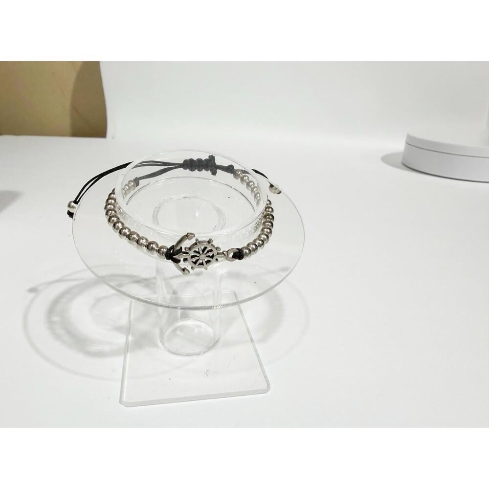 Nautical Anchor & Ship Wheel Bracelet Silver Beads Adjustable Rope Unisex 6-9" - Picture 8 of 12
